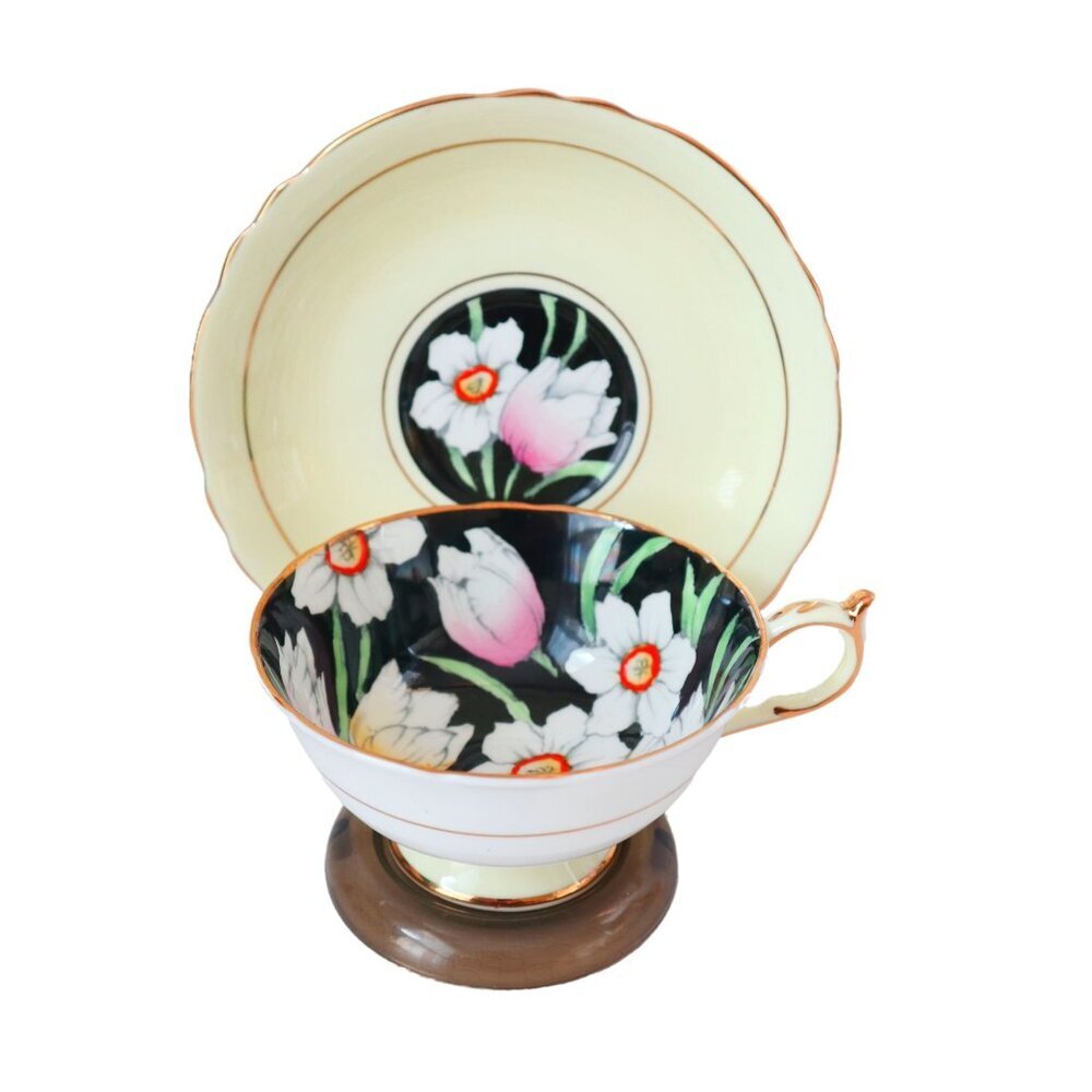 Paragon Bone China Tea Cup & Saucer Set With Floral Black Interior & Gold Trim